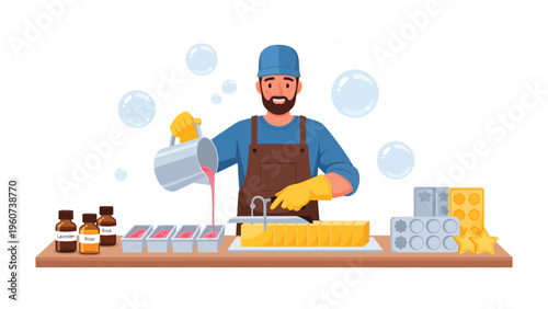 Artisan Crafting Soap: An artisan diligently crafts soap, pouring liquid soap into molds with precision and care, creating handmade products.