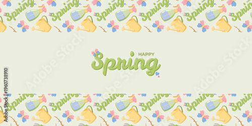 Festive Happy Spring design in green cursive text on pastel background, surrounded by watering cans, spray bottles, butterflies, flowers, and branches, cheerful seasonal gardening motif