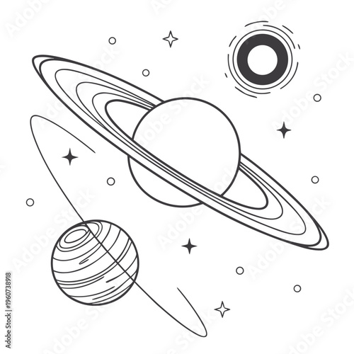 A line drawing of planets and stars in space with a large ringed planet and smaller planets