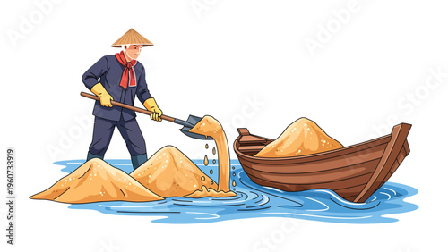 Work of the Sand Loader: A manual loader loads sand into a boat, working tirelessly, the water flows. and showing the industry with great hard work.