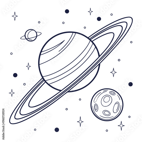 Vector illustration of a planet with rings and moons in space