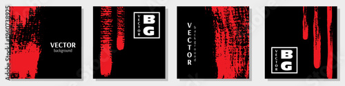 Set of square templates with red brush stroke texture on black. Hand drawn scratches splatter grunge distressed backgrounds. Grainy bold texture for poster, banner, presentation