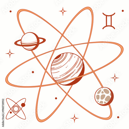 Vector illustration of planets and stars in an atomic structure with zodiac symbol
