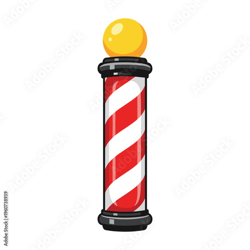 A classic red, white, and black barber pole with a bright yellow spherical top, standing vertically against a white background, symbolizing traditional barbershops