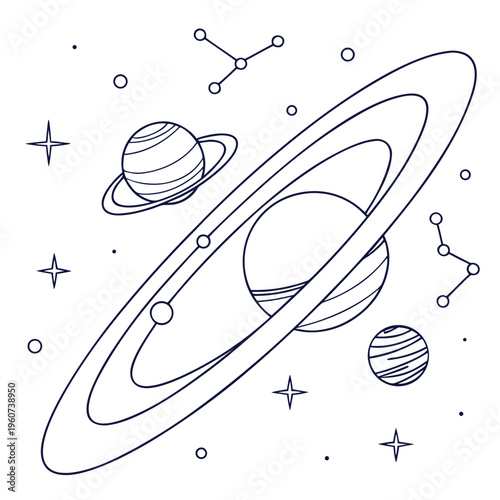 A line drawing of planets and stars in a space scene with a large ringed planet and smaller planets and stars around it