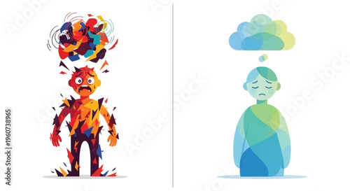 Navigating mental health a vibrant illustration depicting the journey from emotional turmoil to calm introspection and inner peace