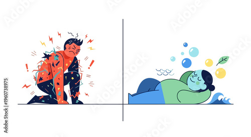 Illustration depicting stress and relaxation a man overwhelmed by anxiety versus a woman finding peace and calm