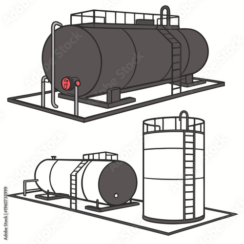 Industrial storage tanks and cylindrical containers for liquids or gases in a factory setting