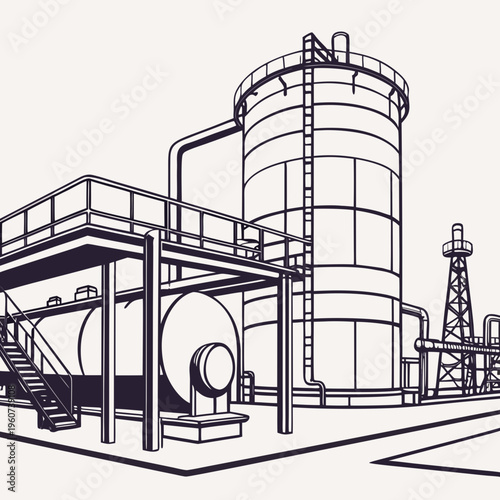 Industrial facility with large cylindrical storage tank and platform structure