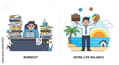 Work-Life Balance Versus Burnout A Visual Comparison of Stressful Work and Relaxed Vacation
