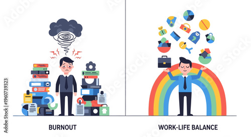 Navigating modern careers a visual representation of burnout's overwhelming stress versus the serenity of achieving work-life balance