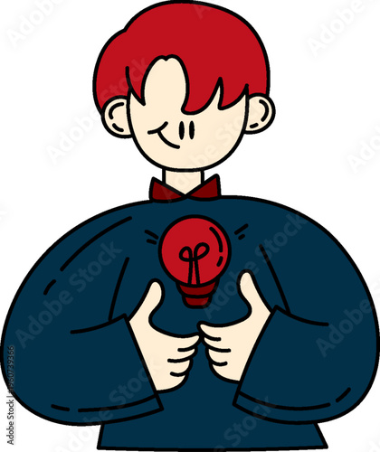 cartoon man with red hair holding lightbulb, brand strategy brainstorm