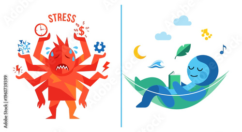 Achieving mental harmony A visual metaphor contrasting the chaos of stress with the peaceful state of relaxation and well-being