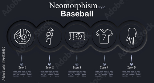 Baseball set icon. Neomorphic dark interface circles with line symbols of glove ball catch, pitcher throw pose, baseball ticket pass, sport jersey number, catcher mitt glove