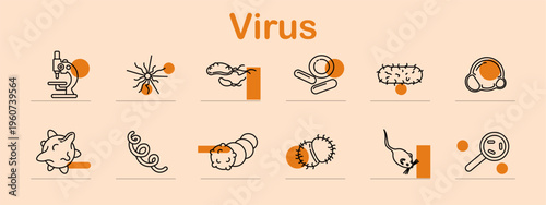 Virus set icon. Line collection with microscope, microbe, bacteria cluster, petri dish, cell form, germ shape, virus cluster, rod bacteria, cocci chain, animal carrier, magnifier analysis.