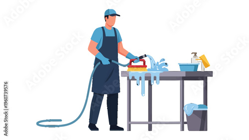 Diligent Janitor's Cleaning Ritual: An industrious janitor meticulously cleans a surface with a hose, brush, and cleaning supplies, showcasing cleanliness and sanitation.