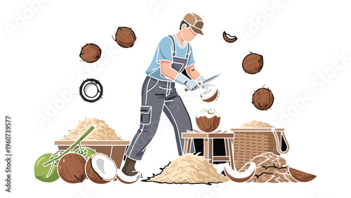 Artisan coconut craftsman: A skilled worker meticulously harvests coconuts, demonstrating the process of preparation