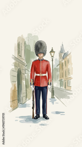 British royal guard in red uniform, bearskin hat on London street illustration. Watercolor painting of traditional kings guard standing on sentry duty. Iconic British soldier in ceremonial uniform