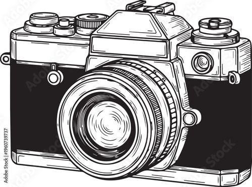 A black and white illustration of a vintage camera with a large lens. 