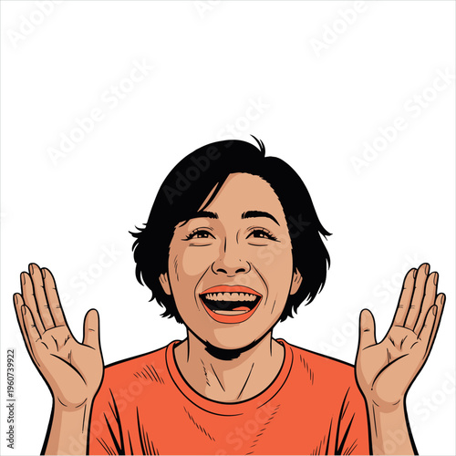 Excited Woman Celebrating with Hands Up  Comic Art Illustration