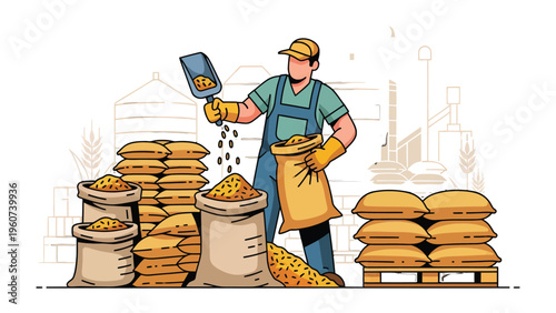 Farmer at Work: A diligent worker meticulously fills burlap sacks with grain, showcasing the harvest's bounty amidst the backdrop of silos and machinery