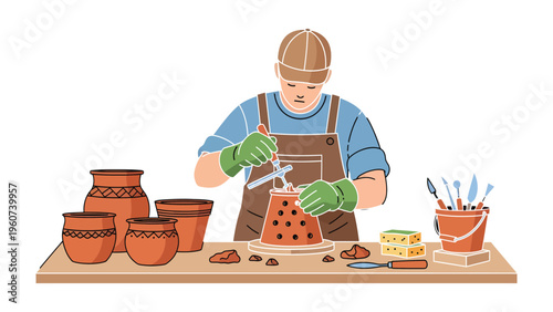 Potter at Work: Witness a skilled potter meticulously crafting a unique terracotta pot, surrounded by his tools and other creations. A scene of artistry and traditional craft, highlighting the care.