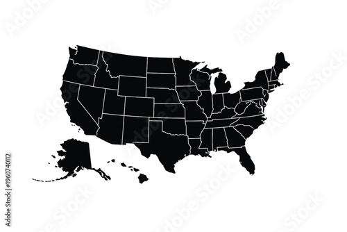 Black and white map of the United States with state borders and Alaska america