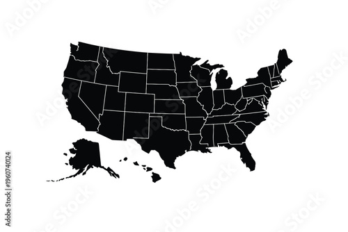 Black and white map of the United States including Alaska with state borders america