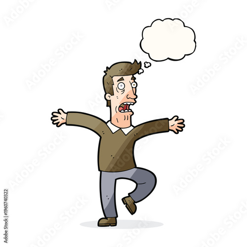 A cartoon illustration of a distressed man with wide eyes and open mouth, flailing his arms in a panic with a thought bubble above his head