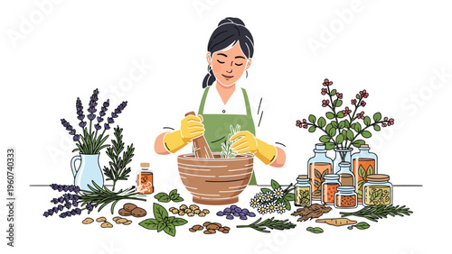 Botanical Alchemy: A woman is immersed in the art of herbal preparation, diligently grinding botanicals in a wooden mortar amidst a colorful array of herbs. 