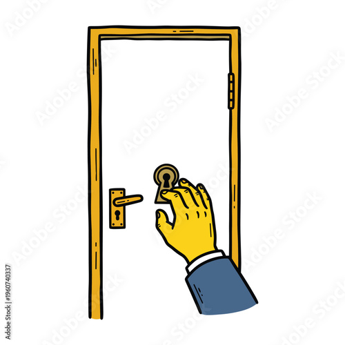 A person's hand with a blue sleeve is shown in a cartoon-like illustration, holding a key and attempting to unlock a white door with a golden frame