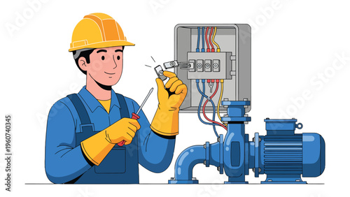Electrical Maintenance Illustration: A skilled electrician at work, expertly examining a component within an electrical panel, with a pump nearby.