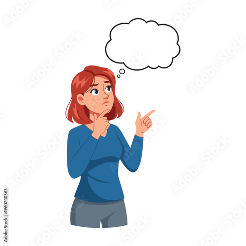 A woman with a thoughtful expression points to an empty thought bubble above her head, indicating contemplation or a new idea