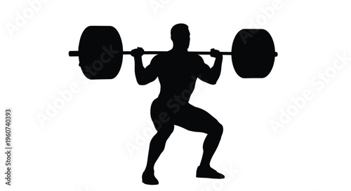 A weightlifter prepares for a squat with a barbell silhouette
