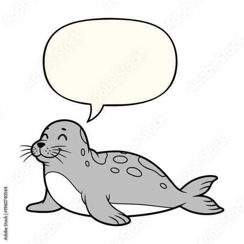 A happy cartoon seal with a speech bubble, lying on its belly and looking content, isolated on a white background