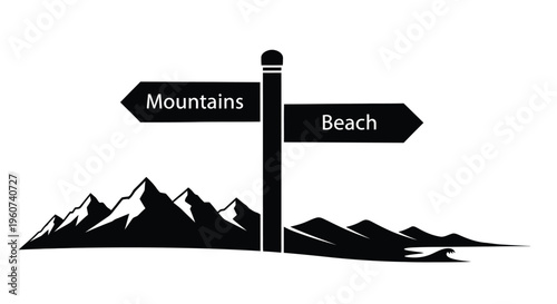 Directional signpost points to mountains and beach black silhouette