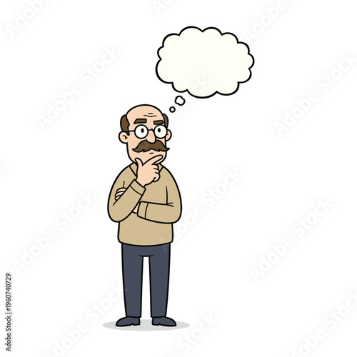 A cartoon illustration of a balding man with glasses and a mustache, standing with his hand on his chin, deep in thought
