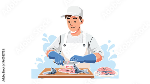 Skillful Fishmonger: A professional fishmonger, clad in a crisp apron, skillfully cuts a fresh fish fillet on a wooden cutting board, epitomizing the craft of seafood preparation.