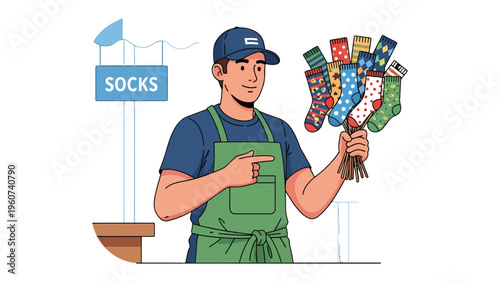 Sock Seller's Showcase: A friendly shopkeeper proudly presents an array of colorful socks, inviting customers to browse their selection.