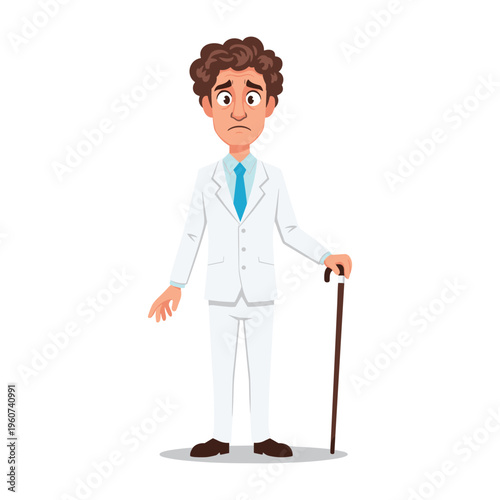 A cartoon illustration of a sad man in a white suit with a blue tie, holding a cane