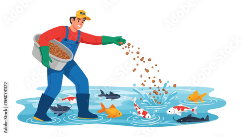 Koi Pond Feeding Time: A dedicated individual nurtures a vibrant koi pond, showering the colorful aquatic inhabitants with nutritious food, fostering a thriving ecosystem.