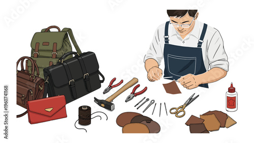 Crafting Leather: A skilled artisan meticulously works on a leather craft, surrounded by essential tools of the trade and finished products.