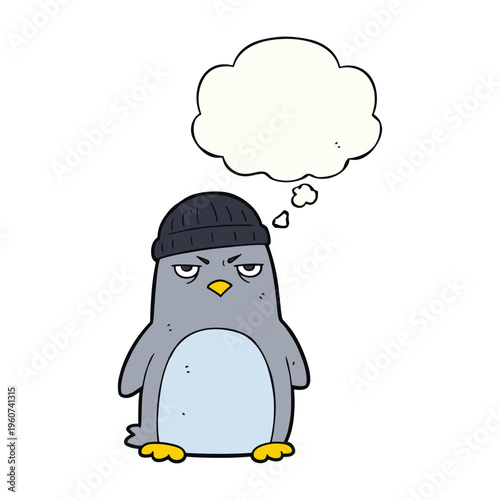 A cartoon illustration of a grumpy penguin wearing a black beanie hat with a thought bubble above its head