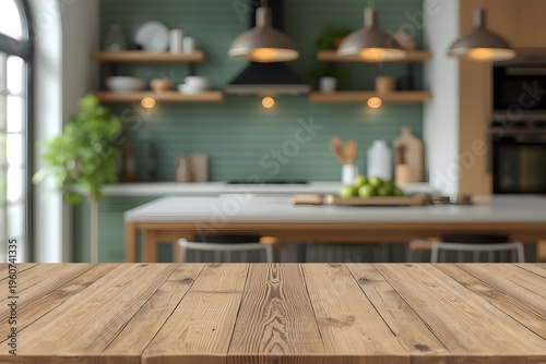 Modern kitchen dining table with wooden surface and green tiled backsplash under warm pendant lighting