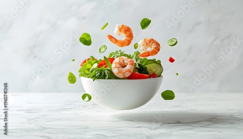 Fresh Vegetable Salad Bowl with Cherry Tomatoes and Broccoli Floating in Mid-Air Against White Background