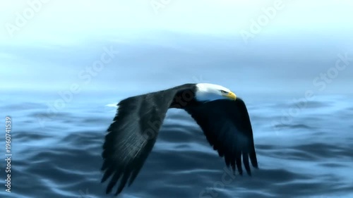 Majestic Bald Eagle Soars Over Deep Blue Ocean Waters.