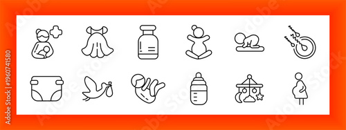 Baby care newborn set icon. Mother holding child, baby clothing, medicine bottle, crawling infant, playing baby, pregnancy symbol, diaper, stork delivery, baby lying