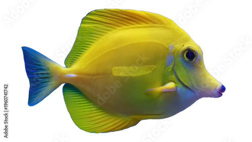 Canvas-taulu Vibrant yellow tang fish with blue accents on its tail and fins, gracefully swim