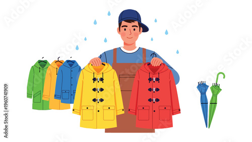 The Raincoat Vendor's Array: A vendor displays a colorful array of raincoats, inviting a choice to stay dry and stylish. Beside him, umbrellas offer extra defense against the drizzle.