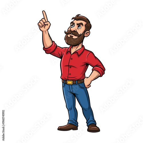 A cartoon illustration of a bearded man in a red shirt and blue jeans pointing upwards with one hand